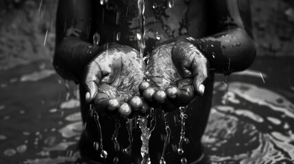 Water Spilling Into Black African Children's Hands (Drought / Water Scarcity symbol). Water scarcity is the lack of sufficient available water resources to meet the demands of water usage.  - obrazy, fototapety, plakaty