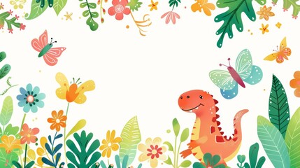 Dinosaur in a Field of Flowers and Butterflies