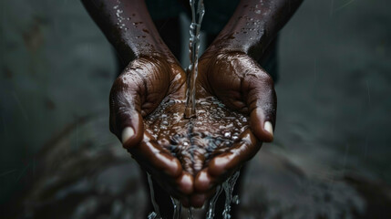 Water Spilling Into Black African Children's Hands (Drought / Water Scarcity symbol). Water scarcity is the lack of sufficient available water resources to meet the demands of water usage.  - obrazy, fototapety, plakaty