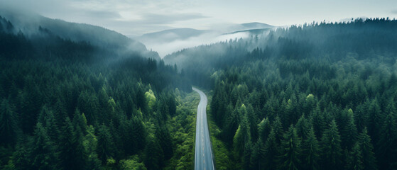 Aerial view of a road in the middle of the forest .. - obrazy, fototapety, plakaty