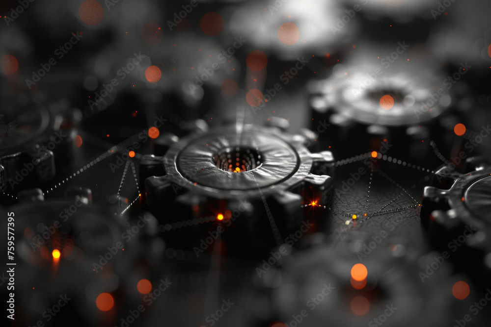 Poster an intricate web of interconnected gears and cogs symbolizing the complexity of communication system