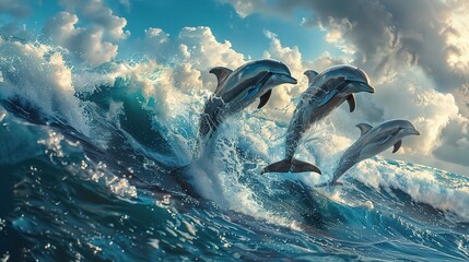 beautiful dolphins jumping over breaking waves. Hawaii Pacific Ocean