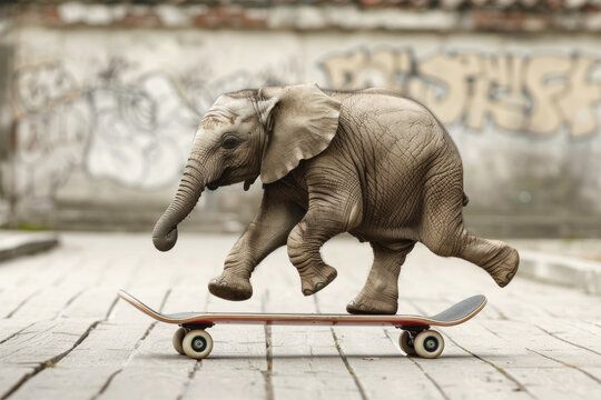 A baby elephant is riding a skateboard. The image is playful and whimsical, as it is not a common sight to see an elephant on a skateboard. Scene is lighthearted and fun. a elephant on skate