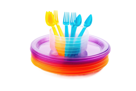 Colorful Stack of Plastic Plates and Forks. on a White or Clear Surface PNG Transparent Background.