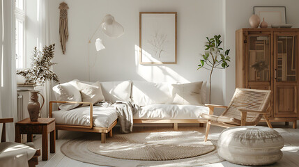 Scandinavian style living room emphasizing the use of natural, light-colored woods