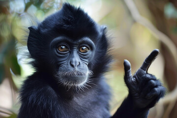 Obraz premium A baby monkey is pointing to the sky with its thumb. The monkey is black and has a cute expression on its face. A beautiful monkey makes the ok sign with his hand while looking at the camera