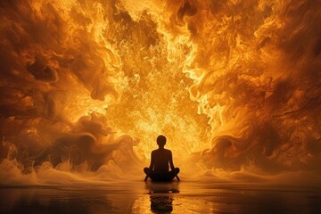 A person is sitting in the middle of a large explosion