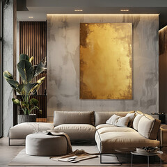 Blank white wall in a futuristic house 30 years in the future, ivory, brown, yellow color accents, a canvas with hanging on the wall.
