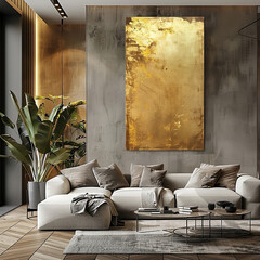 Blank white wall in a futuristic house 30 years in the future, ivory, brown, yellow color accents, a canvas with the dimensions 2x1 meters is hanging on the wall