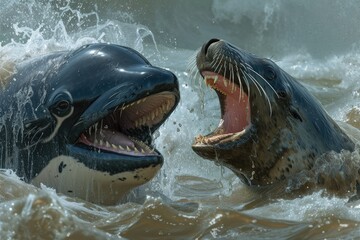 Fototapeta premium Two seals are fighting in the water