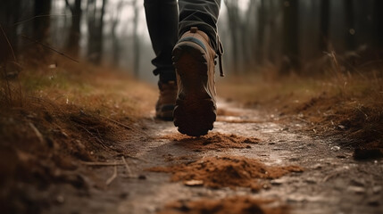 Men's feet in sports shoes and with a backpack run along a magical::3 path