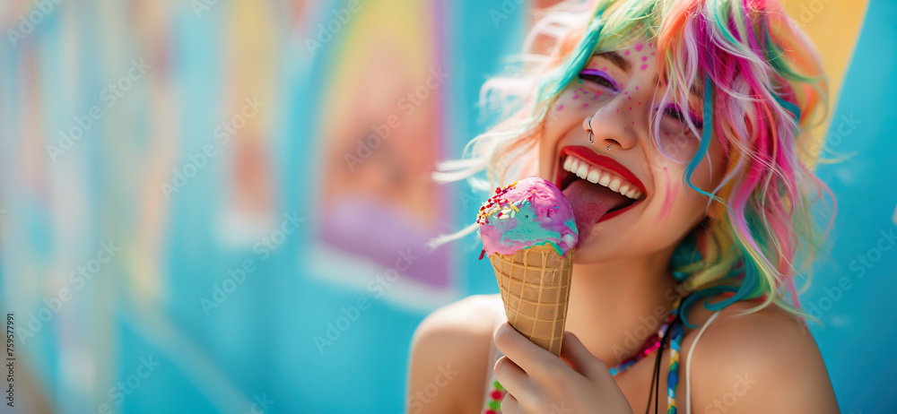 Wall mural Happy teenage girl or young woman with colorful rainbow hair laughing while licking ice cream with tongue in hot summer, copy space on blurred graffiti wall