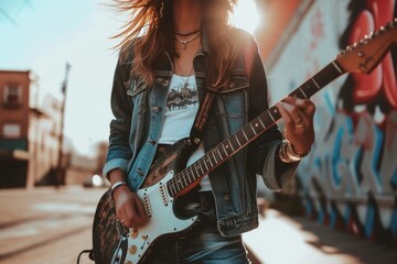 A woman is playing a guitar on a street