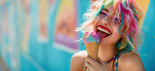 Happy teenage girl or young woman with colorful rainbow hair laughing while licking ice cream with tongue in hot summer, copy space on blurred graffiti wall - obrazy, fototapety, plakaty