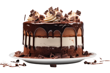Decadent Chocolate Cake With White Frosting and Chocolate Shavings. on a White or Clear Surface PNG Transparent Background.