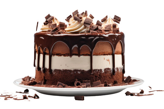 Decadent Chocolate Cake With White Frosting and Chocolate Shavings. on a White or Clear Surface PNG Transparent Background.