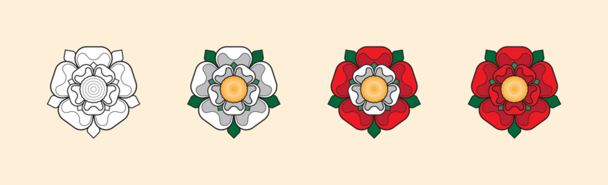 White Rose of York | Red Rose of Lancaster | Tudor Rose of England | Red Green Yellow White Black Outline Flat Vector Illustration	