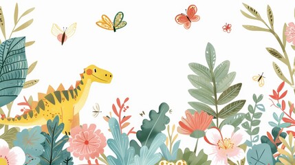 Dinosaur in a Field of Flowers and Butterflies - obrazy, fototapety, plakaty