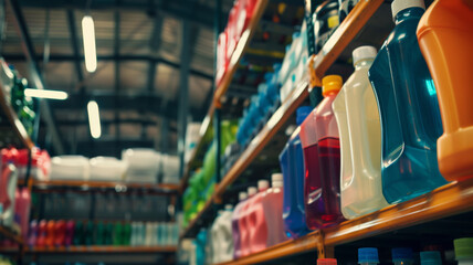 Vibrant laundry detergent bottles on shelves in a well-lit supermarket aisle. - obrazy, fototapety, plakaty