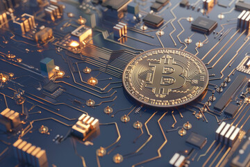 Fototapeta na wymiar 3D Bitcoin coin on a circuit board
