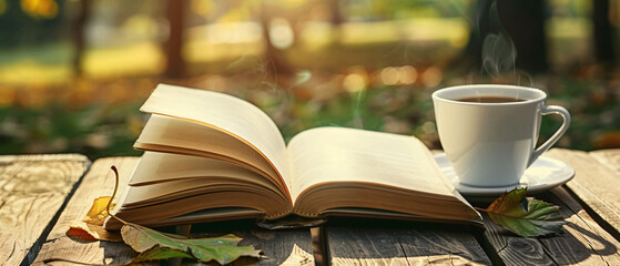 An open book sitting on top of a table next to a cup of coffee