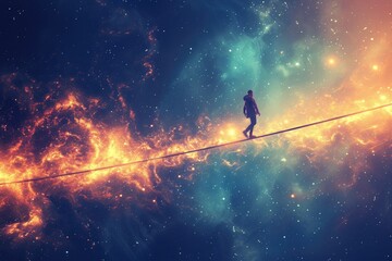 A person is walking on a tightrope in space