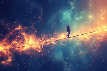 Fototapeten A person is walking on a tightrope in space © BetterPhoto