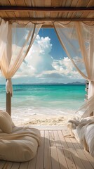 Fototapeta na wymiar A private beach cabana with sheer curtains and a view of turquoise waters