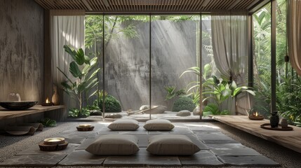 A serene high-end meditation room with natural elements and minimalistic decor