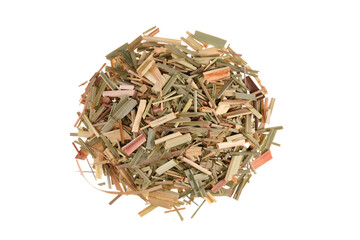 Overhead view of dried cut lemongrass (Cymbopogon citratus), also called citronella grass, isolated on white background