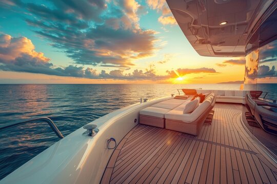 A luxurious yacht deck at sunset with sleek design and open ocean views