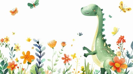Obraz premium Dinosaur in a Field of Flowers and Butterflies