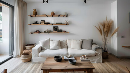 Scandinavian style living room featuring minimalist shelving for displaying decor