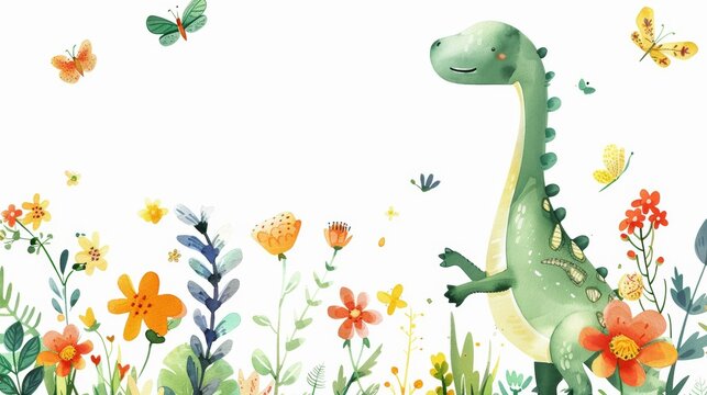 Dinosaur in a Field of Flowers and Butterflies