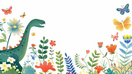 Dinosaur in a Field of Flowers and Butterflies