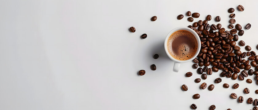 Top view of hot espresso and coffee beans arranged on a white table, creating a flat lay composition with space for text.