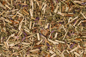 Overhead view of dried ysop leaves, stalks and blossoms (Hyssopus officinalis)