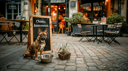 un chien à côté d'un gamelle d'eau et devant un panneau qui indique " CHIENS BIENVENUS " installé sur une terrasse de restaurant à l'extérieur