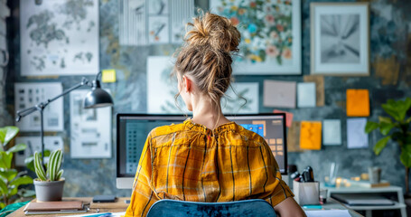 jeune femme blonde vue de dos, assise devant son ordinateur devant un bureau, elle travaille - obrazy, fototapety, plakaty
