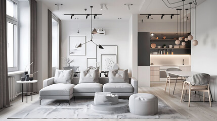 Scandinavian style living room featuring Scandinavian-designed pendant lights - obrazy, fototapety, plakaty