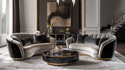 A glamorous Hollywood Regency style with mirrored accents and velvet upholstery.
