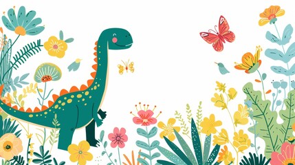 Fototapeta premium Dinosaur in a Field of Flowers and Butterflies