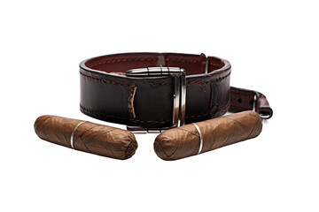 Brown Belt With Two Cigars. on a White or Clear Surface PNG Transparent Background.