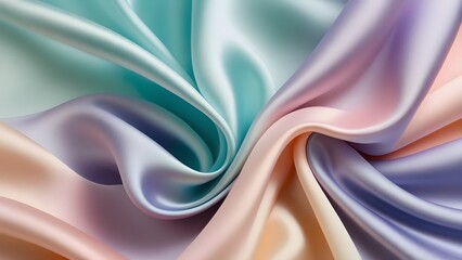 Closeup of rippled pastel color silk fabric. Waves of colorful satin fabric with gradient. Abstract 3D background. 