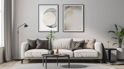 Scandinavian style living room adorned with framed artwork in simple, clean frames