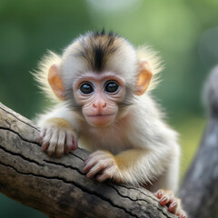 Cute small monkey sitting on branch, looking at camera 