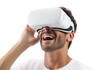 Man in White Shirt Wearing Black and White Mask. on a White or Clear Surface PNG Transparent Background.