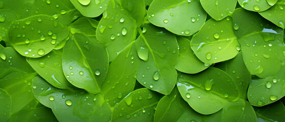 Background made of fresh green leaves with water drops
