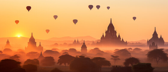 Bagan Myanmar  sunrise over the many beautiful  - obrazy, fototapety, plakaty
