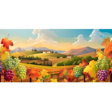 Banner de degustação de vinho e queijo australiano com vinhedos roxos e 2d flat design concept art
